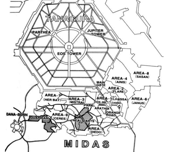 Black and white map lining out the areas of Tanagura and Midas.